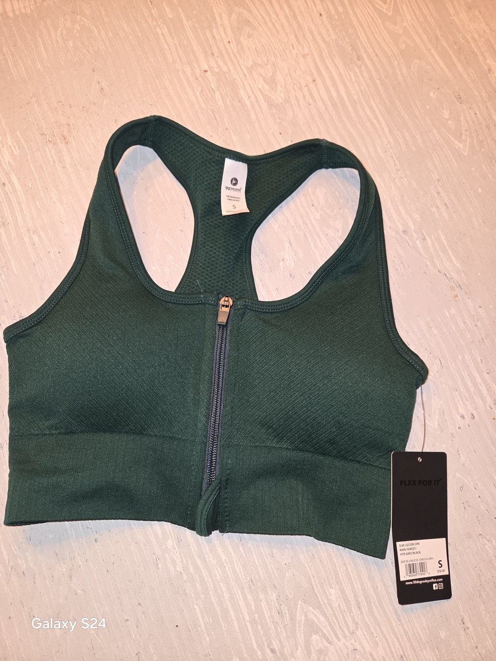 90 Degree By Reflex Front-Zip Sports Bra in Forest Green New Sz S